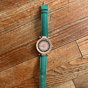 Green Leather Strap Watch with Rose Gold Floral Dial
